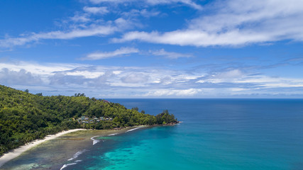 Fototapeta na wymiar Tropical beach with sea and palm taken from drone. Beach and sea photo. Romantic beach aerial view.