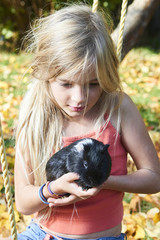 Naklejka na ściany i meble Child cute blond girl playing with a guinea pig in autumn leaves