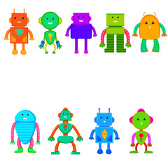 Set van vector gekleurde robots in cartoon stijl. Geïsoleerde vectorrobots op een witte achtergrond