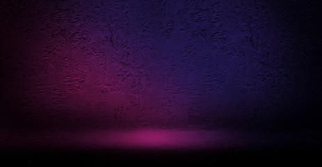 Background of empty dark room with concrete floor. Empty walls, neon light, smoke.