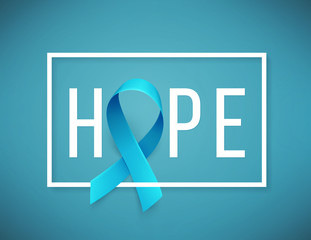Obraz premium Banner for Prostate cancer awareness month in november. Word hope with realistic blue ribbon. Design template for poster