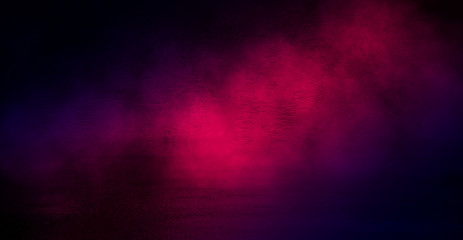 Background of empty dark room with concrete floor. Empty walls, neon light, smoke.