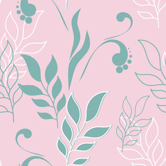 Cute seamless leaves pattern. Big set of mint floral elements. Can be used for cards, invitations, save the date cards and many more. Pink background.