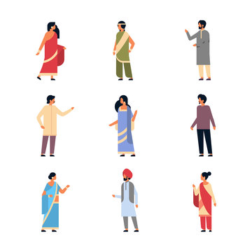 set different indian people wearing national traditional clothes hindu man woman celebration concept male female cartoon character collection full length isolated horizontal flat vector illustration