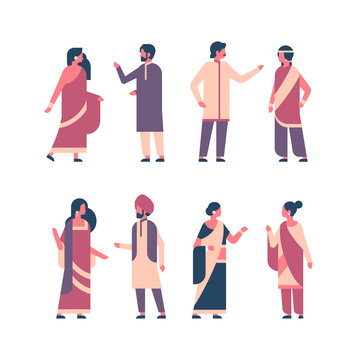 set indian people group wearing national traditional clothes hindu man woman celebration concept male female cartoon character collection full length isolated horizontal flat vector illustration