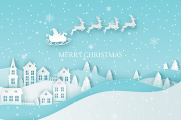 Fototapeta na wymiar Winter urban countryside landscape village with cute paper houses, pine trees and Santa with deers flying in the sky. Merry Christmas and New Year paper art background