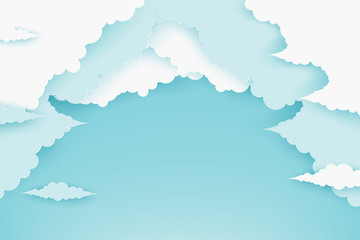 Obraz premium Paper fluffy clouds in blue sky. Modern 3d paper cut style background in pastel colors