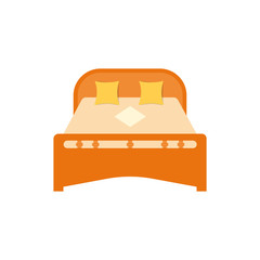 Wooden bed for sleeping with pillows and blanket. Bedroom furniture, interior. Two beds for husband and wife. Vector isolated background.