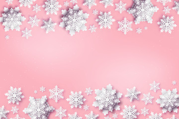 Abstract Christmas background with volumetric paper snowflakes. White 3D snowflakes with shadow. Xmas and new year card template. Winter paper art design