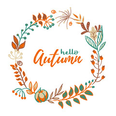 Vector wreath of autumn leaves and fruit in doodle style. Beautiful round wreath of yellow and red leaves, acorns, berries, cones and branches. Decor for invitations, greeting cards, posters