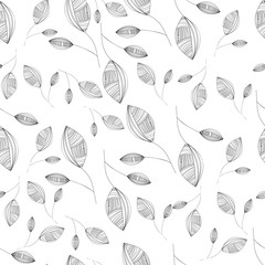 Seamless pattern. Graphic ornament. Floral stylish background. Repeating texture with stylized leaves on white backdrop.