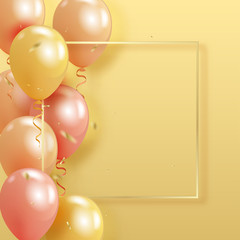 Set of realistic pearl glossy helium balloons floating on yellow background and golden confetty. Vector 3D balloons for birthday, party, wedding or promotion banners or posters. 