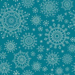 Winter christmas seamless pattern with light blue snowflakes on blue background