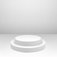 White round podium. Pedestal in white room scene. Vector illustration.