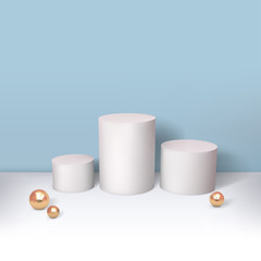 Minimal abstract cylinder shape and golden sphere, wall scene. Platform, podium to advertise various objects. Vector illustration in pastel colors