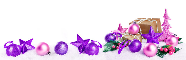 Christmas lantern with gifts, colored balls and stars on snow isolated background