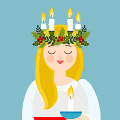 Saint Lucia with floral wreath and candle crown, Swedish Christmas tradition, vector illustration. - obrazy, fototapety, plakaty