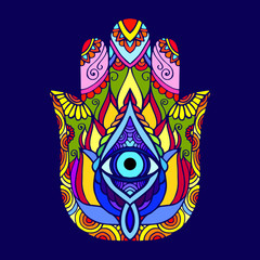 Hand drawn Hamsa symbol. Ethnic Indian, Arabic, Jewish hamsa amulet. Colorful Hamsa symbol with floral ornament.