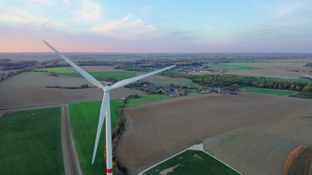 Aerial view on Wind Power, Turbine, Windmill, Energy Production - Clean and Renewable Energy, ecological green energy. 