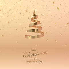 Abstract glossy spiral Christmas tree and confetti. Golden coil metallic ribbon.  New year and xmas decoration concept. 3d minimal pastel colored background