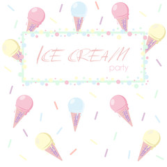 Set of ice cream cones. Design card. Ice cream party invitation.