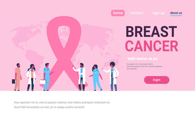 ribbon breast cancer day mix race male female doctors group forum communication concept disease awareness prevention poster woman man cartoon character horizontal copy space flat vector illustration