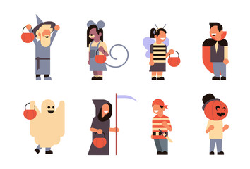 set different cute kids wear monsters costume happy halloween concept party celebration isolated horizontal collection flat vector illustration