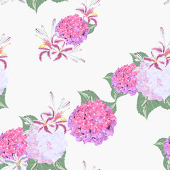 Floral seamless pattern with colorful lilies flower and hydrangea on light background. Vector set of blooming flower for wedding invitations and greeting card design and textile.