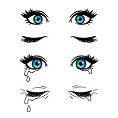 Wide open and closed vector cartoon female eyes. Crying blue eyes isolated on white background