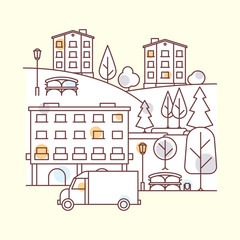 City landscape vector illustration with homes, transport, parks