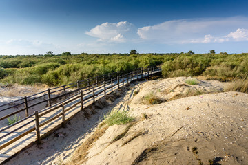 Fototapeta na wymiar wooden path over dunes to the beach in Vila Real de Santo Antonio, Algarve. Portugal