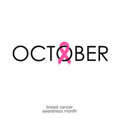 Breast cancer awareness month. Awareness ribbon. Vector cartoon illustration