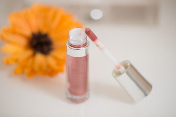 brush for lipgloss, lipstick red, pink on white background.