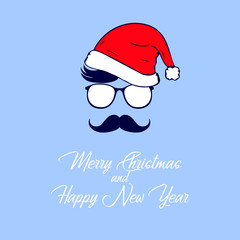 Santa claus modern icon. Hat, mustache, sunglasses. Vector illustration