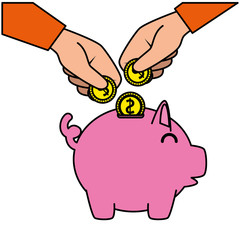hands inserting coins with piggy savings