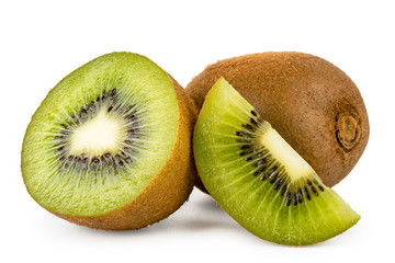 Ripe kiwi with a half and a piece of close-up on a white. Isolated.