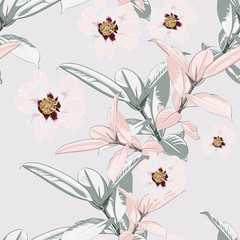 Seamless tropical pattern, vivid tropic foliage, with ficus palm leaves, pink peony flower in bloom. Modern bright summer print design. Vintage light background.