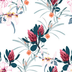 Seamless tropical flower pattern background. Tropical protea flowers, jungle leaves, on light background. Exotic print. Vintage motives.