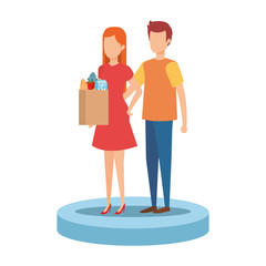 couple with supermarket shopping bag and groceries