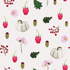 Seamless pattern with autumn flowers, herbs, oak, berries.