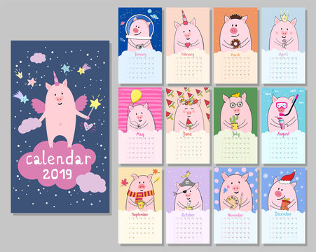 Monthly calendar with cute pig characters. Symbol of Chinese New Year 2019