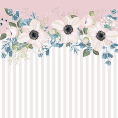 Horizontal striped pattern with white anemones, leaves, bud and herbs. Cute wedding floral design frame. Banner stripe element. Light tender background.