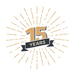 15 th anniversary retro vector emblem isolated template. Vintage logo Fifteen years with ribbon and salute on white background