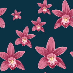Seamless pattern with orchid flowers on dark background for your design and decor.