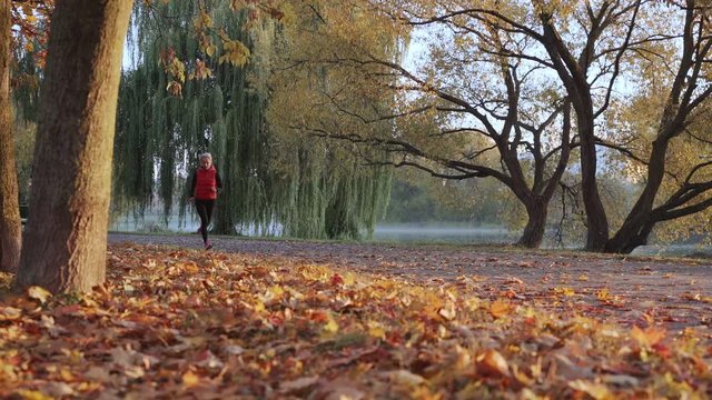 Woman runner running in fall autumn forest. Female fitness girl jogging on path in amazing fall foliage landscape nature outside. Slow motion.