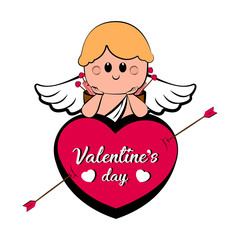 Cute cupid boy on a heart shape. Valentine day. Vector illustration design