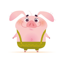 Vector portrait of cute smiling little pig character in green pants in flat cartoon style standing isolated on white background. Symbol of New year and Christmas holidays. 