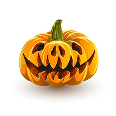 Sinister jack-o'-lantern for Halloween. Halloween pumpkin isolated on white background. Angry pig pumpkin