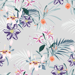 Seamless pattern, light vintage colors palm leaves and pink lilies, clematis and exotic tropical paradise flowers on vintage blue background. 