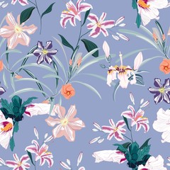 Seamless pattern, light vintage colors palm leaves and pink lilies, clematis and exotic tropical paradise hibiscus flowers on vintage violet background. 